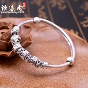 s990足银手镯六字真言转运珠银镯e子送女友生日礼物 纯银推拉手环