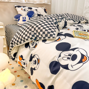 迪士尼米奇四件套全棉100儿童被套三件套床单纯棉床上用品床笠款4