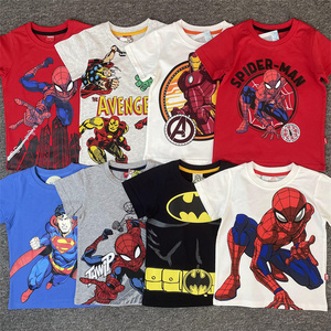 外贸儿童漫威联盟蜘蛛钢铁侠超人卡通夏季男童纯棉吸汗短袖T恤潮