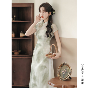 新中式国风绿色雪纺连衣裙女夏季2024新款改良旗袍显瘦气质长裙子