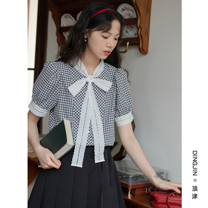 森系学院风格子短袖衬衫女夏季2024新款设计感小众法式蝴蝶结上衣