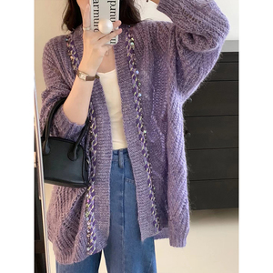 紫色慵懒中长款羊绒针织开衫外套女2024新款时尚高级感马海毛毛衣