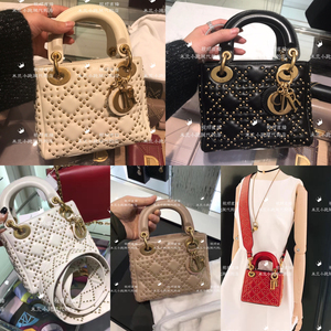 迪奥dior女包 铆钉戴妃包lady dior皮带宽肩带三格戴妃羊皮代购