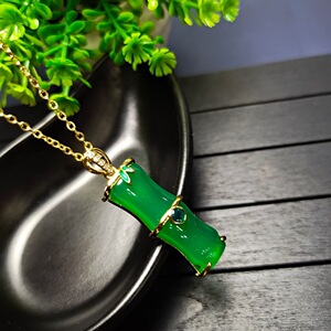 一元拍卖天然冰种帝王绿翡翠色玉髓镶嵌竹节吊坠挂件项坠女款玉佩