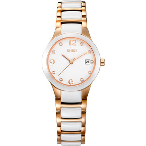 网红推荐-莱茵rhine女表陶瓷日历时尚手表防水进口石英表抖音爆款