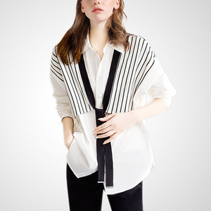 法式个性设计感小众创意衬衫女2024春新款黑白条纹撞色宽松衬衣潮