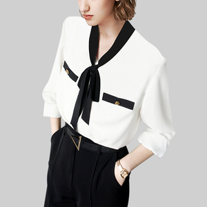 蝴蝶结系带减龄衬衫女2022年春装新款别致设计感职业撞色休闲衬衣
