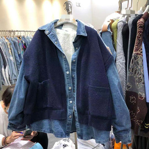 欧洲站2021冬季新宽松拼接针织毛衣欧货假两件开衫牛仔加绒外套女