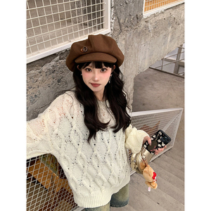 here/多金 米色镂空宽松套头上衣女秋冬款廓形慵懒休闲针织衫毛衣