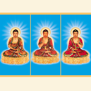 结缘三宝佛横三世佛佛像庄严三宝佛三方佛画像相纸双面塑封佛画