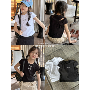 咸蛋虾米韩国春夏装女童纯棉黑白色设计感短袖T恤儿童上衣打底衫