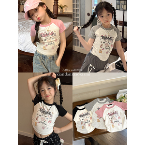 咸蛋虾米韩国夏装女童插肩袖纯棉卡通短袖T恤儿童女团风短款上衣