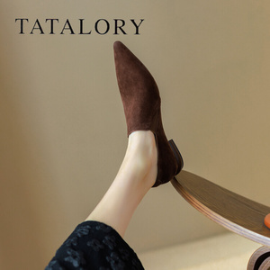 TATA LORY女鞋2024春秋新款法式复古风粗跟尖头套脚纯色平底单鞋