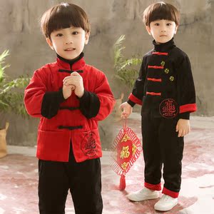 过年衣服男童丝绒绒服潮新年装服装国学小男孩红色男宝宝5-6-7岁