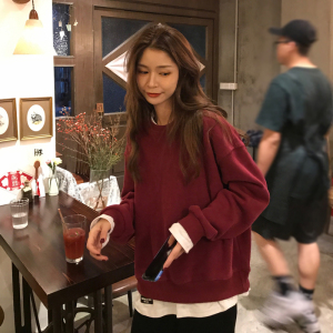 假两件卫衣女薄款宽松bf慵懒风韩版百搭酒红色ins超火外套上衣潮