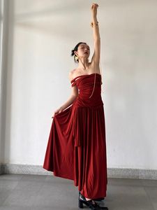 1S 古希腊女神挂脖褶皱抹胸裙氛围感红色新中式礼服度假沙滩长裙