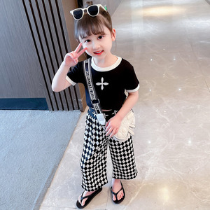 女童四叶草2022夏装短袖十字架长裤休闲时尚运动两件套韩版套装新