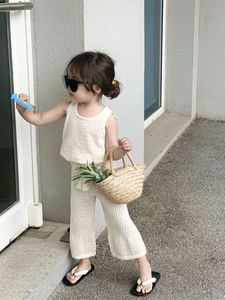 2024夏款韩版女小童薄款洋气针织套装镂空透气背心阔腿裤两件套