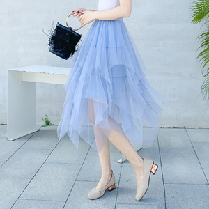 克莱因蓝纱裙超火小个子浅蓝色中长短款不规则沙群半身裙网纱春秋