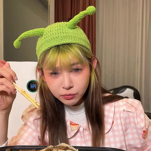 痞幼同款怪物史莱克手工触角毛线帽绿色搞怪学生礼物套头帽针织帽