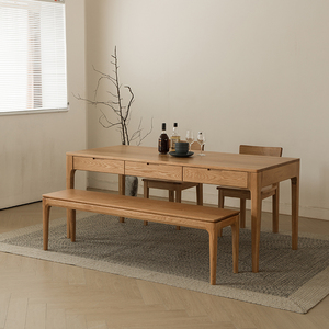 北美白橡木长方形全实木餐桌北欧原木风饭桌书桌带抽屉一体长凳椅