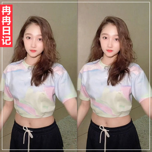 抖音关晓彤同款衣服彩色扎染短袖t恤短款露脐上衣休闲裤运动裤子