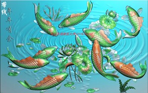 平步青云锁业淘宝九鲤荷花鱼屏风挂匾背板木雕精雕图年年有余浮雕石