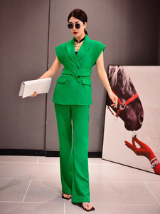 绿色2022夏法式职业气质蝙蝠宽袖马甲西装外套阔腿裤套装两件套女