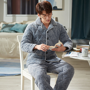 男士睡衣冬季加厚加棉衣秋冬款法兰绒夹棉服冬天男装家居服套装