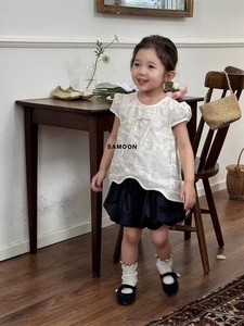 SA MOON韩版童装女童短袖衬衫夏小香风白色花朵上衣泡泡袖娃娃衫
