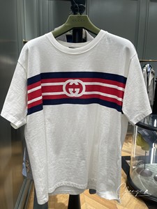 国内现货gucci/古驰 新款 双gg字母条纹印花拼色短袖女 t恤男半袖