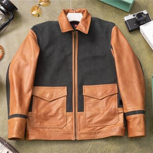 巴顿将军单款来袭!水染无涂牛皮陪油蜡棕色水洗做旧咔叽真皮皮衣