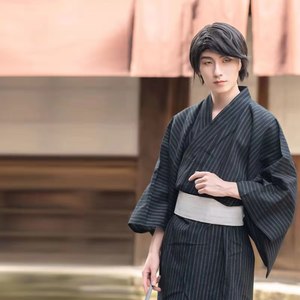 日本和服男正装日系浴衣着物传统cosplay温泉料理黑色线条长袍