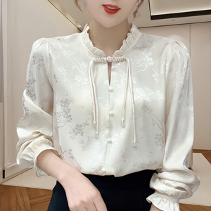 新中式国风上衣春季新款木耳边盘扣长袖t恤设计感小众气质小衫女