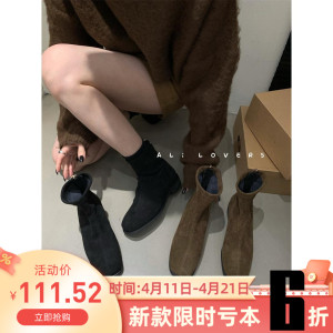 简约方头磨砂皮瘦瘦靴粗低跟短靴女韩版时尚百搭时装靴及踝后拉链