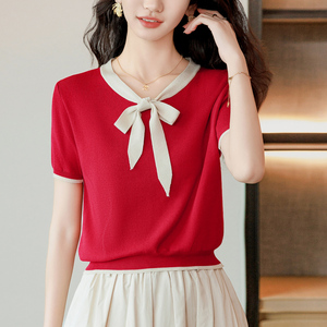 红色蝴蝶结冰丝短袖t恤女2024新款夏季针织衫内搭小个子短款上衣