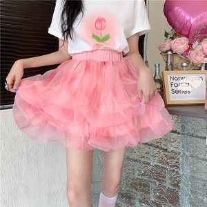 粉色网纱半身裙女夏季小个子蛋糕蓬蓬纱裙高腰显瘦超仙a字短裙子