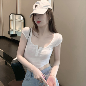 2022年夏季新款纯欲辣妹性感低胸大u领短袖t恤女高腰短款露脐上衣