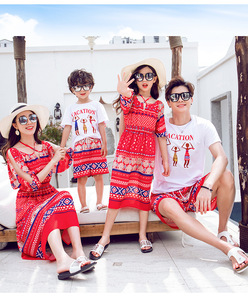 妈妈女宝沙滩裙泰国三亚亲子装母女装三口男童海边度假套装情侣装