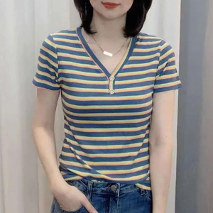 V领设计感小众上衣韩版时尚条纹短袖t恤女2024年夏季新款小衫潮