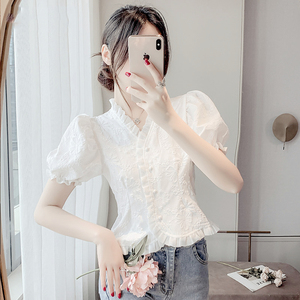 超仙雪纺打底娃娃衫女夏天法式外穿收腰别致小众初恋荷叶边上衣服