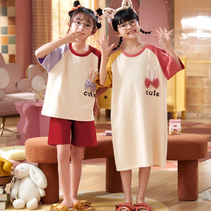 女童睡衣裙子夏季薄款纯棉宝宝姐妹套装闺蜜中大儿童家居服小女孩