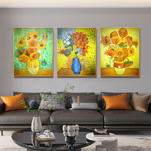 梵高向日葵纯手绘油画美式欧式名画三联手工客厅沙发背景墙装饰画