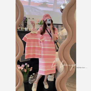 Spring韩国童装夏季亲子装裙子条纹直筒短袖连衣裙女童洋气长裙