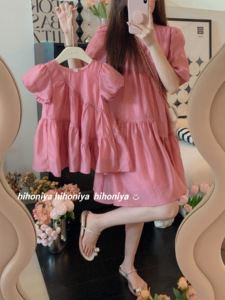 Spring韩国童装亲子装糖果色拼接大摆公主裙女童可爱圆领泡泡裙