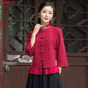 000人付款淘宝麻布女装m衬衫盘扣短袖开衫外套晨练太极服中山领衬衣