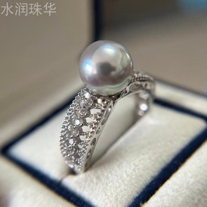 日本akoya海水珍珠真多麻925纯银可调节戒指小资复古蕾丝气质指环