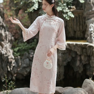 文艺复古胭脂红赏曲襟提花暗纹旗袍年轻款改良旗袍禅意茶服连衣裙