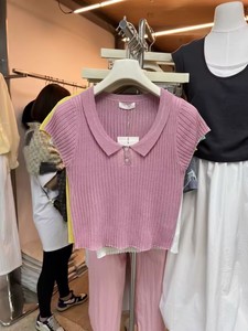 广州十三行爆款娃娃领短袖玫粉色冰丝针织衫女夏季小个子气质上衣