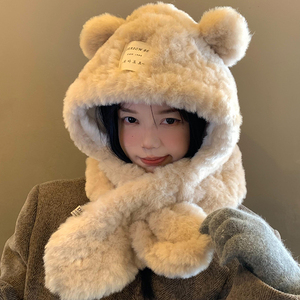 小熊帽子围巾一体女秋冬季韩版可爱毛绒显脸小加厚保暖护耳雷锋帽